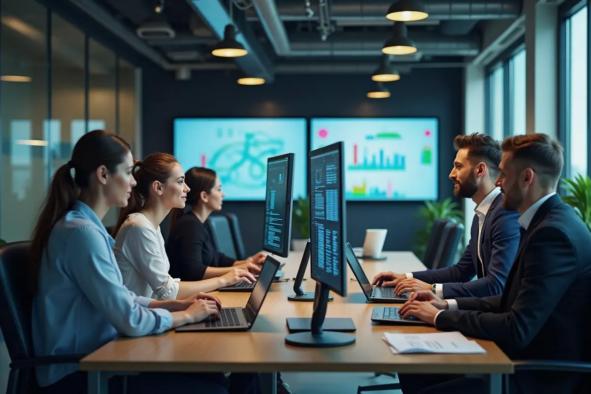 Seminargruppe arbeitet gemeinsam an Laptops